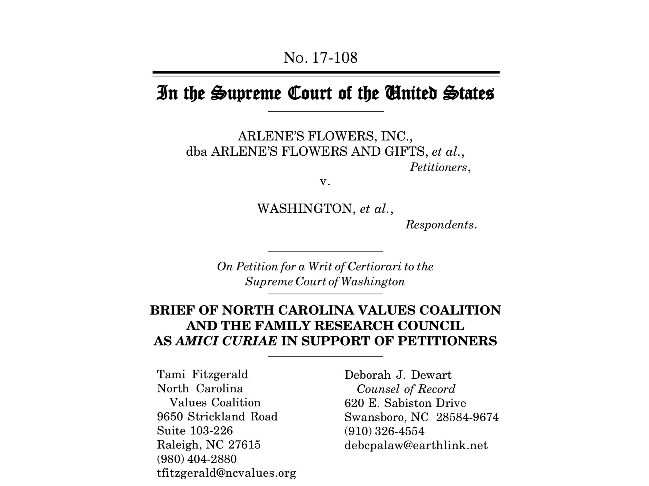 303 Creative Llc V Elenis Amicus Brief Nc Values